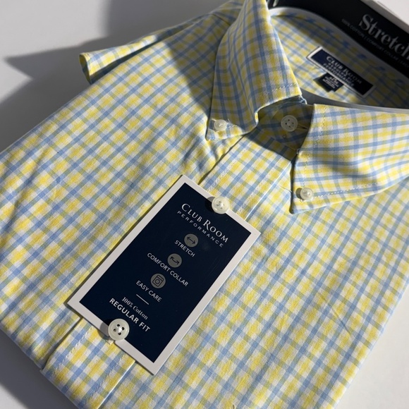 Club Room Men's Regular-Fit Gingham Cotton Dress Shirt Yellow Blue New pick size - Picture 7 of 8